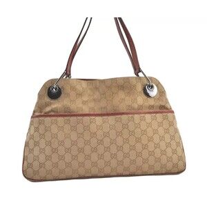 Authentic GUCCI Eclipse Shoulder Tote Bag GG Canvas Leather 121023 Beige 9359J